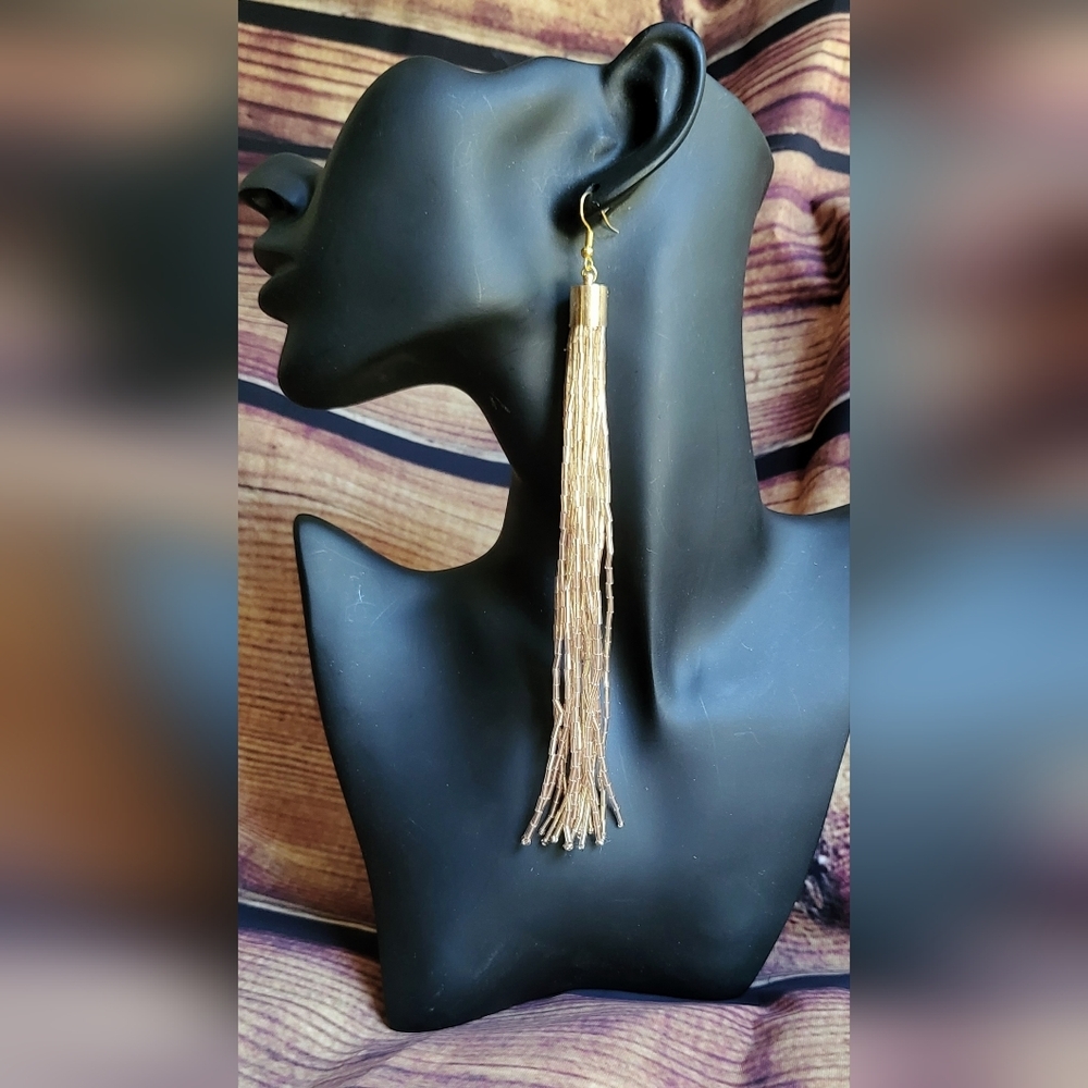 Beautiful western style deaded champagne tassel earrings